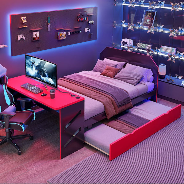 English Elm Full Size Wood Daybed with Twin Trundle Desk and Usb Charging for Teen Rooms Red LT000262AAR
