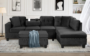 English Elm 105" Modern Velvet Sectional Sofa with Storage Ottoman, Reversible Chaise, Cup Holders & Pillows Black N719S000580B