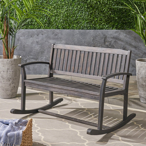 English Elm Christopher Knight Home® - Patio Acacia Wood Rocking Loveseat with Armrests — Handcrafted 2-Person Porch Bench, Slatted Comfort DARK GREY 62267.00DGRY