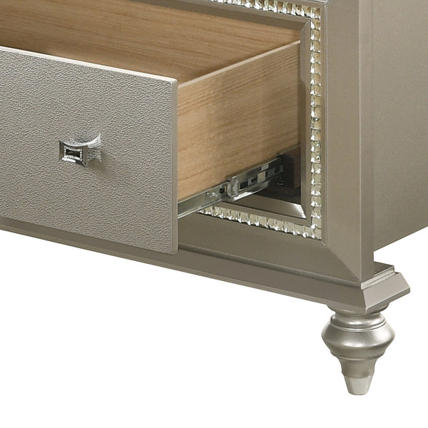 English Elm Kaitlyn Queen Bed with LED & Hidden Storage Drawers, Padded Tufted PU Headboard, Glam Wood Trim Champagne 28 L x 21 W x 18 H B2726S00314