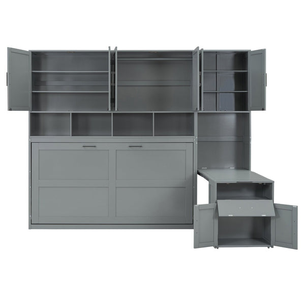 English Elm Twin Murphy Wall Bed with Integrated Closet Drawers and Desk for Studio Spaces Gray LP000595AAE-1