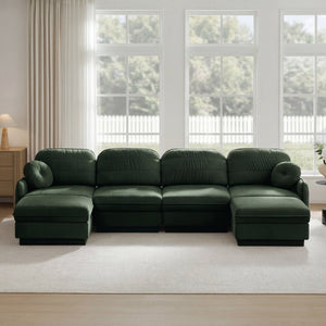 English Elm 137" Oversized U-shaped Chenille Sectional with Ottoman Quilted Cushions for Spacious Living Green W714S01773