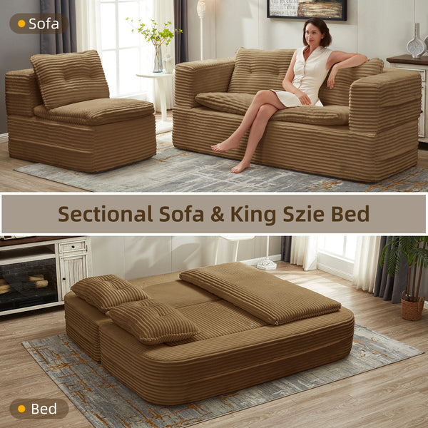English Elm Multi Functional Sectional Sofa Bed Plush Corduroy Convertible 80" King Sleeper with Chaise, Deep Fluff Camel W3219P339468