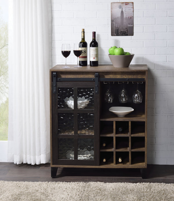 English Elm Treju Rustic Oak & Black Wine Cabinet with Obscure Glass Door, Adjustable Shelves & Stemware Rack B2726P268770