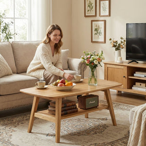 English Elm Mid Century Modern Solid Oak Two Tier Coffee Table with Open Shelf for Living Room Wood W3204P469106