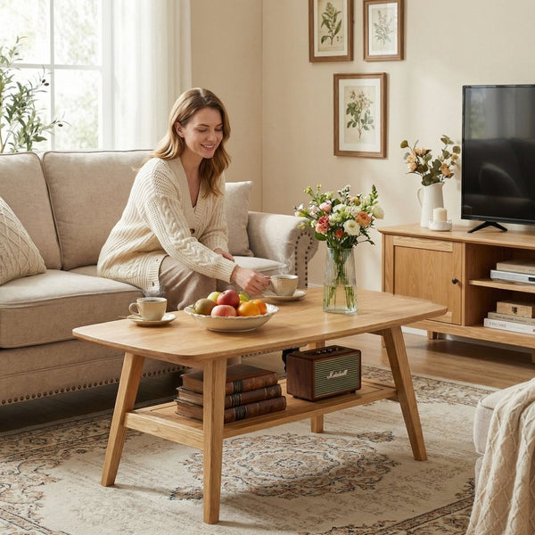 English Elm Mid Century Modern Solid Oak Two Tier Coffee Table with Open Shelf for Living Room Wood W3204P469106