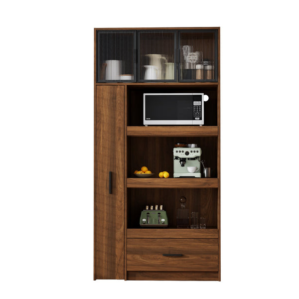 English Elm 70.87" Tall Pantry Cabinet with Pull-Out Multi-Tier Shelves, Drawers & Glass Door for Organized Kitchens W331S00198 W331S00198