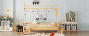 English Elm Twin House Shaped Platform Bed Solid Pine Frame with Built in Stairs for Kids W1580P354719