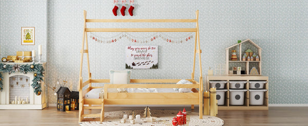 English Elm Twin House Shaped Platform Bed Solid Pine Frame with Built in Stairs for Kids W1580P354719