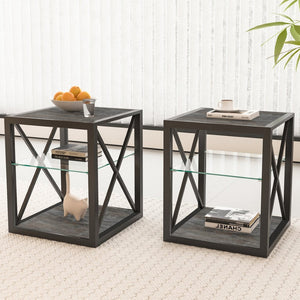 English Elm Set Of 2 Versatile Modern End Tables With Tempered Glass & Rustic Wood For Chic Living Spaces W241P246920-GIGA