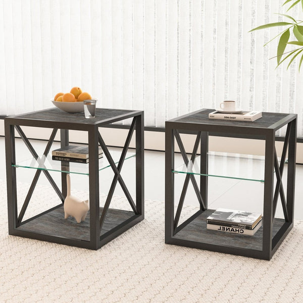 English Elm Set Of 2 Versatile Modern End Tables With Tempered Glass & Rustic Wood For Chic Living Spaces W241P246920-GIGA