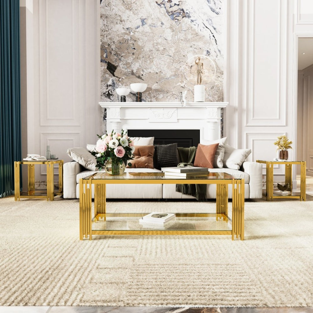 English Elm Modern Glam Rectangular Coffee Table with Mirrored Top Gold Sculptural Frame Open Shelf Transparent N735P380101K