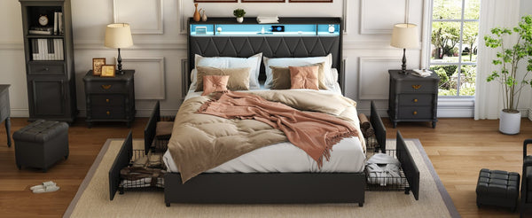 English Elm Queen Metal Platform Bed with Ergonomic Headboard Built-in Outlets and Storage Shelf W3107S00006