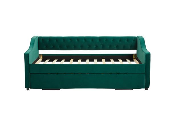 English Elm Twin Velvet Daybed with Pull Out Trundle Tufted Back Usb Port and Side Pockets Emerald W1361S00038
