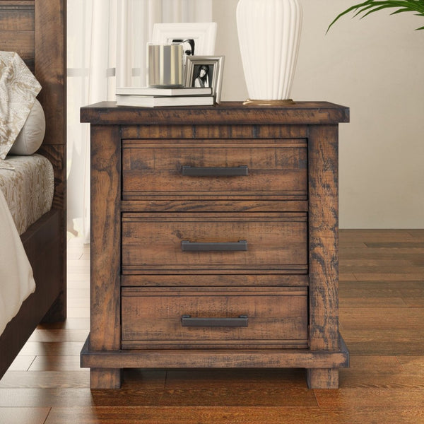 English Elm Rustic Reclaimed Pine Three Drawer Nightstand with Wrought Iron Pulls Farmhouse Bedroom N701P455591D