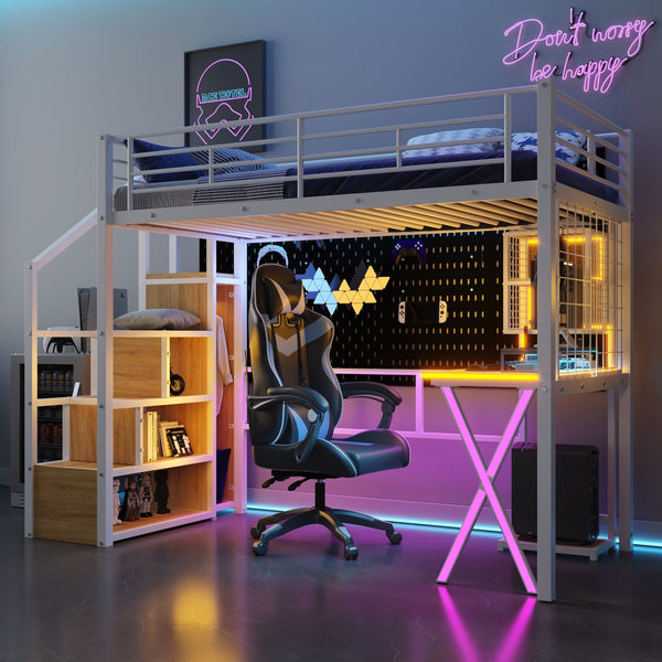 English Elm Twin Metal Loft Bed with Desk, Wardrobe & LED Lighting — Space-Saving Twin Loft with Storage Staircase GX000662AAK