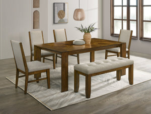 English Elm 6pc Handcrafted Feel Rectangular Dining Set with Tufted Bench, Neutral Upholstery & Mixed Wood Tones B2741S00518