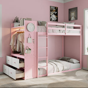 English Elm Twin Bunk Bed with Storage Drawers Hanging Rail Led Shelves and Pegboard Organizer Pink LT000282AAH