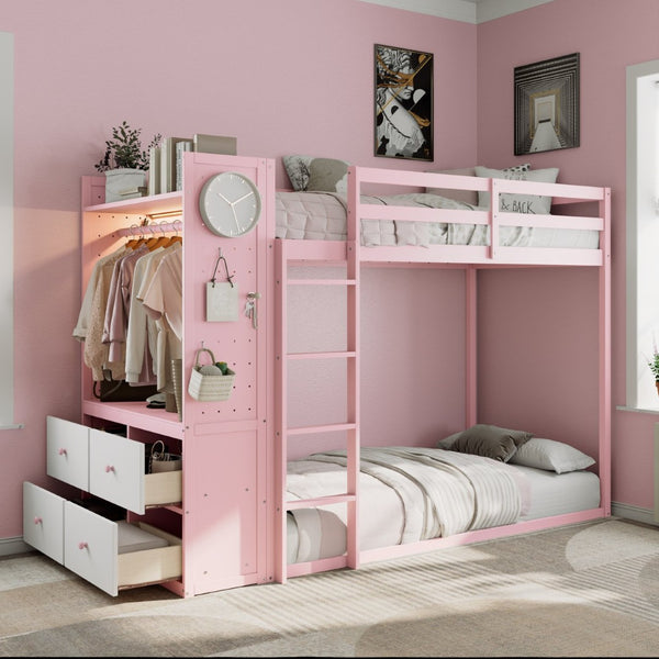 English Elm Twin Bunk Bed with Storage Drawers Hanging Rail Led Shelves and Pegboard Organizer Pink LT000282AAH