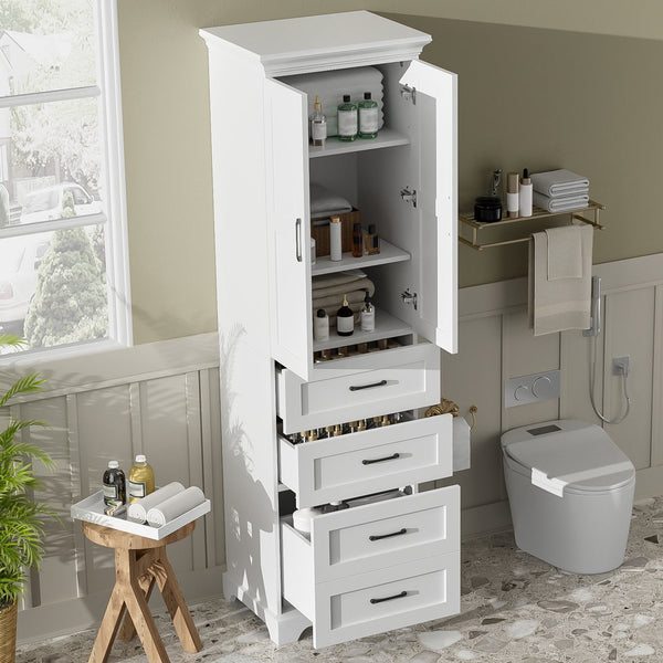 English Elm 71.6" Free-Standing Bathroom Vanity with Soft-Close Doors, 3 Drawers, Adjustable Shelves, White Finish N729P335599K