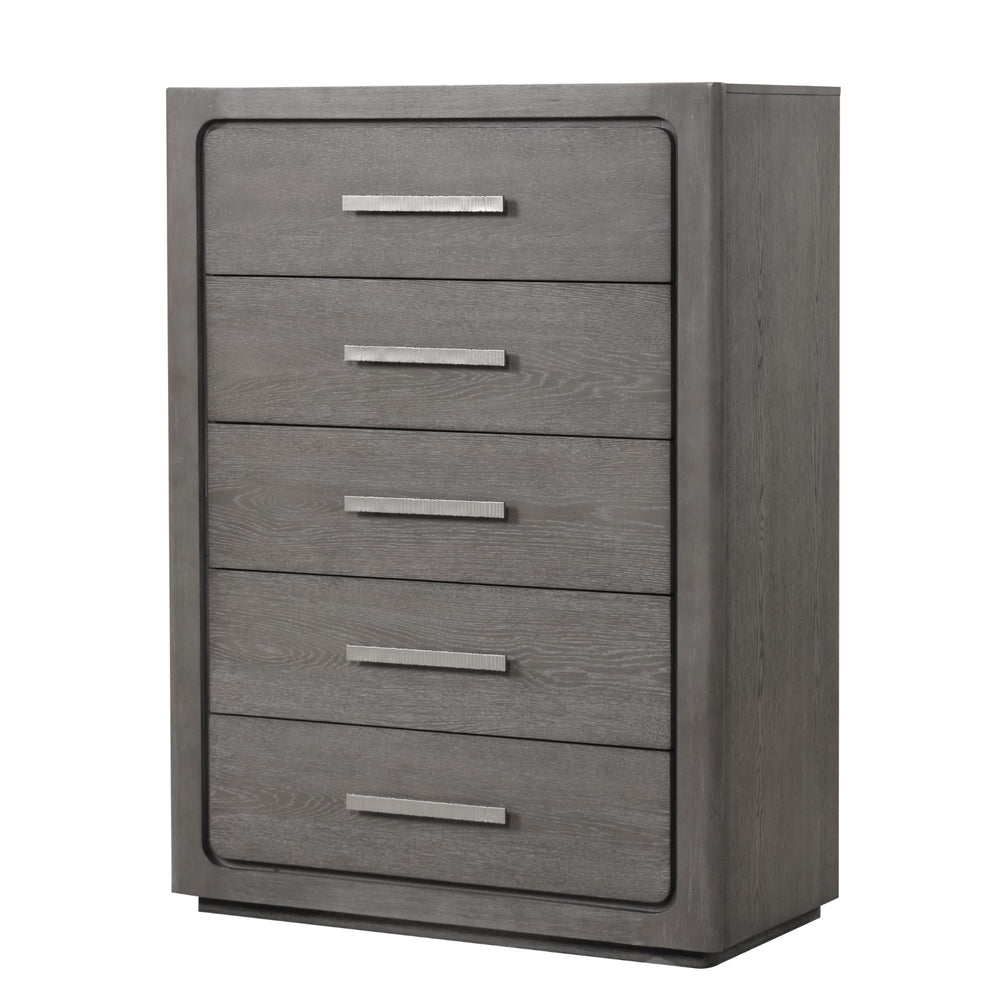 English Elm Unique Contemporary Chest with Cultured Stone Top, Reeded Panels, Silver Accents, Dovetail Drawers and Chrome Legs Warm Grey 42 L x 22 W x 56 H B2741P370873
