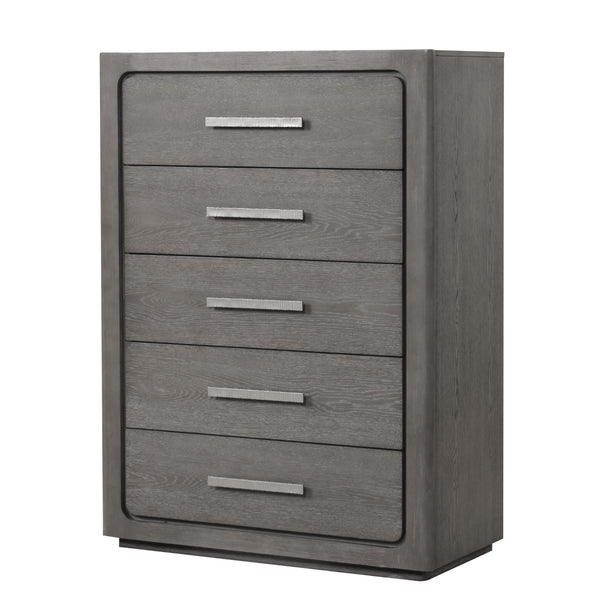 English Elm Unique Contemporary Chest with Cultured Stone Top, Reeded Panels, Silver Accents, Dovetail Drawers and Chrome Legs Warm Grey 42 L x 22 W x 56 H B2741P370873