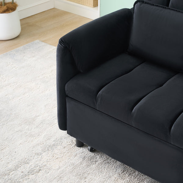English Elm 52 Black Modern Velvet Sofa Bed 3-in-1 Convertible Loveseat with Pillows, Pockets, Metal Legs, 500lb Capacity W1658P266335