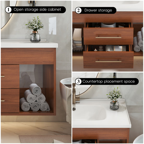 English Elm 35.4" Modern Bathroom Vanity with Integrated Ceramic Sink, Moisture-Resistant Wood, Soft-Close Drawers & Open Shelves, Oil Rubbed Bronze Handles, Sleek Design W3136S00026