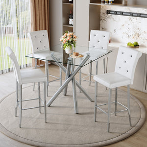 English Elm Modern Tempered Glass Pub Table Set with Chrome Base and White Pu Leather Stools W3875S00034