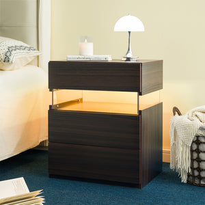 English Elm Led Nightstand with Rgb Acrylic Glow Panel Three Drawers Walnut Bedroom Table W2178P412301