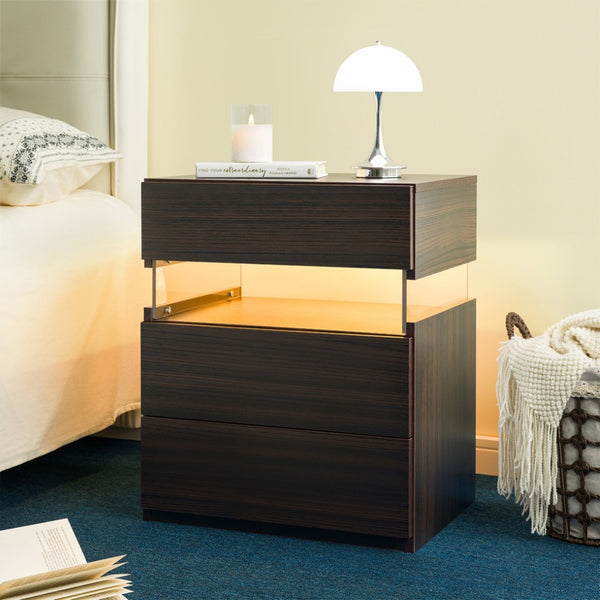 English Elm Led Nightstand with Rgb Acrylic Glow Panel Three Drawers Walnut Bedroom Table W2178P412301