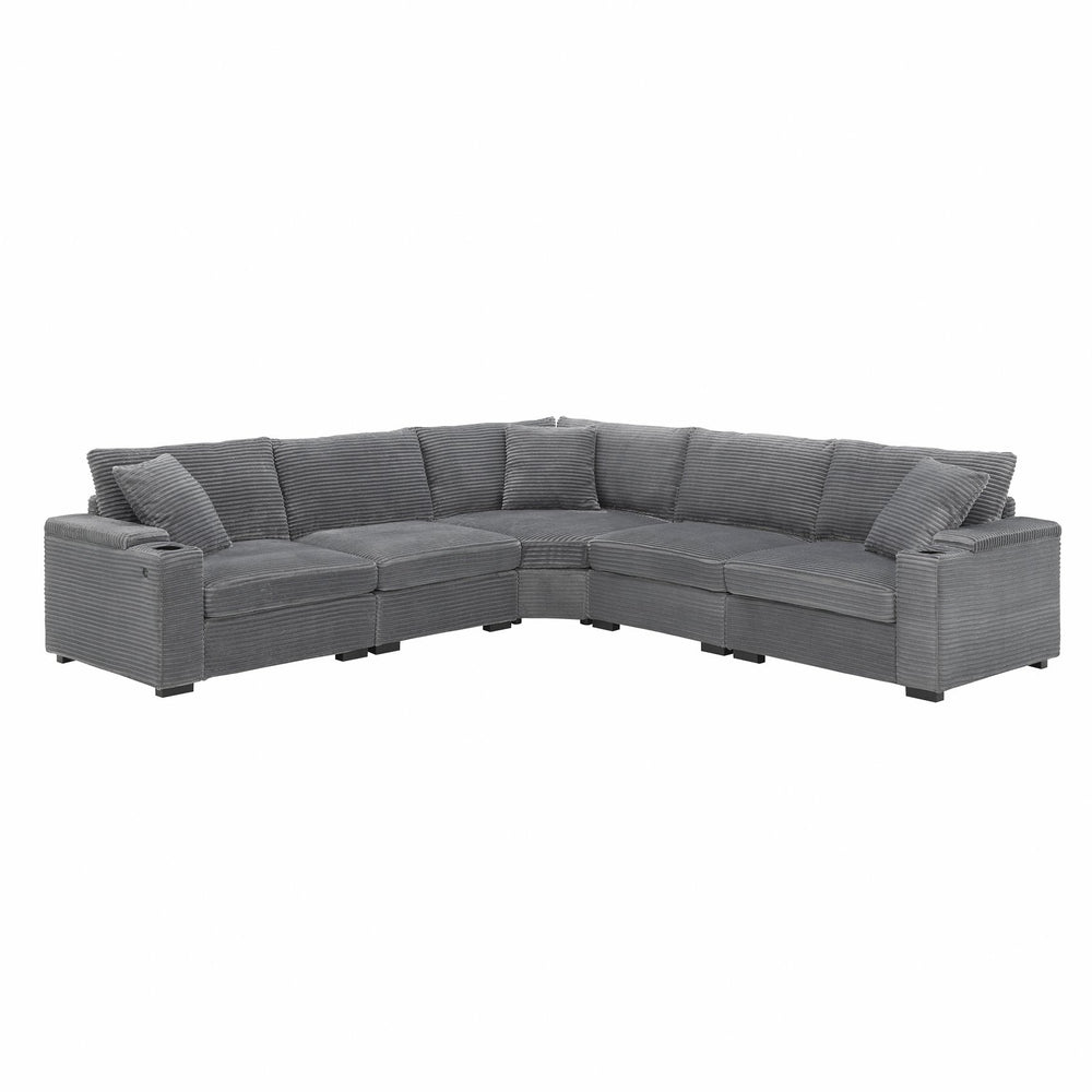 English Elm 106" Convertible L Shaped Sectional Sofa with Corduroy Upholstery, Armrest Storage, USB Charging Hub, Cup Holders, Modular Comfort for Living Room Gray N723S0187E