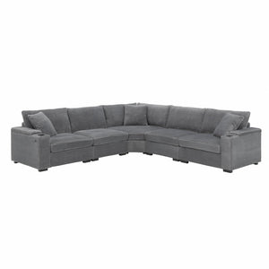 English Elm 106" Convertible L Shaped Sectional Sofa with Corduroy Upholstery, Armrest Storage, USB Charging Hub, Cup Holders, Modular Comfort for Living Room Gray N723S0187E