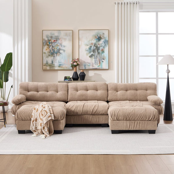 English Elm U Shaped Modular Cloud Sectional Deep Seat Flannelette Sofa with Rounded Bolster Armrests Light Brown W2120S00038