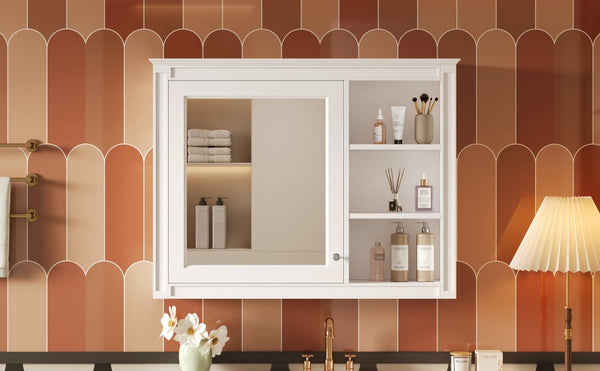 English Elm 36'' Modern Medicine Cabinet Wall Mounted Mirror with Adjustable Shelf, MDF Durable Storage, White N710P322791K