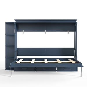 English Elm Queen Murphy Wall Bed with Side Cabinets Open Shelving and Drawers for Studio Rooms Blue W1580S00453