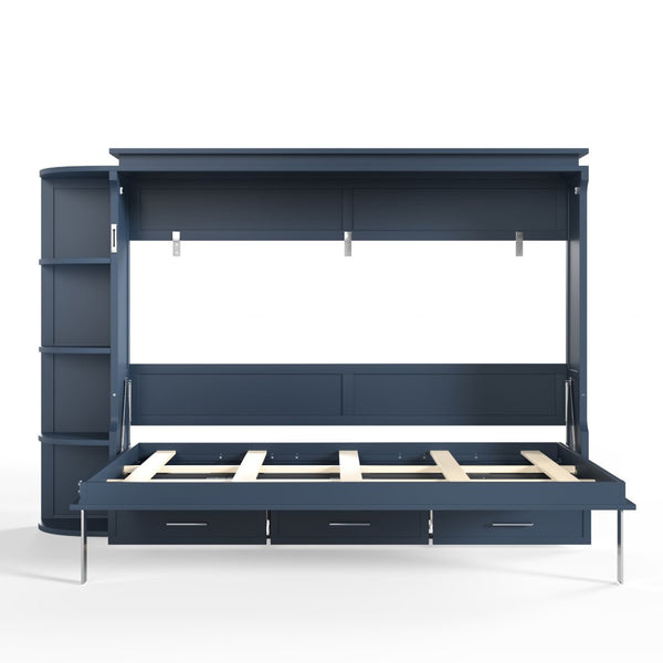 English Elm Queen Murphy Wall Bed with Side Cabinets Open Shelving and Drawers for Studio Rooms Blue W1580S00453