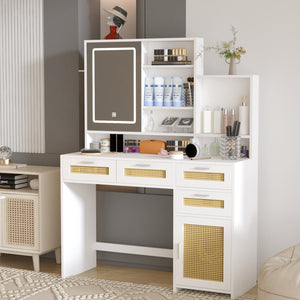 English Elm Makeup Vanity with Lights, Openable Mirror & Ample Storage Shelves, 4 Drawers and Cabinet Elegance White W2227P160483