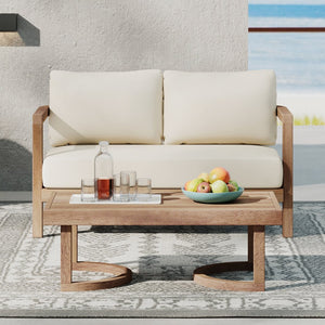 English Elm Christopher Knight Home® - 2-Person Acacia Wood Loveseat & Coffee Table Set with Beige Cushions, Weather-Resistant Patio Charm 73169.00BBGE