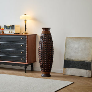 English Elm A 39-inch hand-woven bamboo floor vase in Acacia Wood PVC finish — 37.75" tall modern rattan decor for entryway W2796P283884