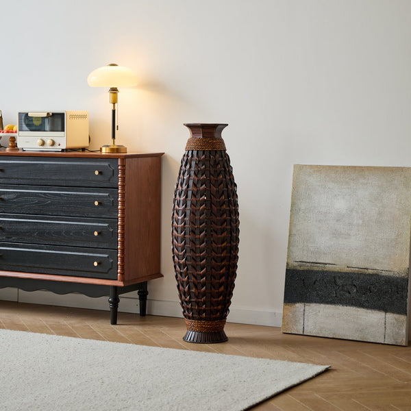 English Elm A 39-inch hand-woven bamboo floor vase in Acacia Wood PVC finish — 37.75" tall modern rattan decor for entryway W2796P283884