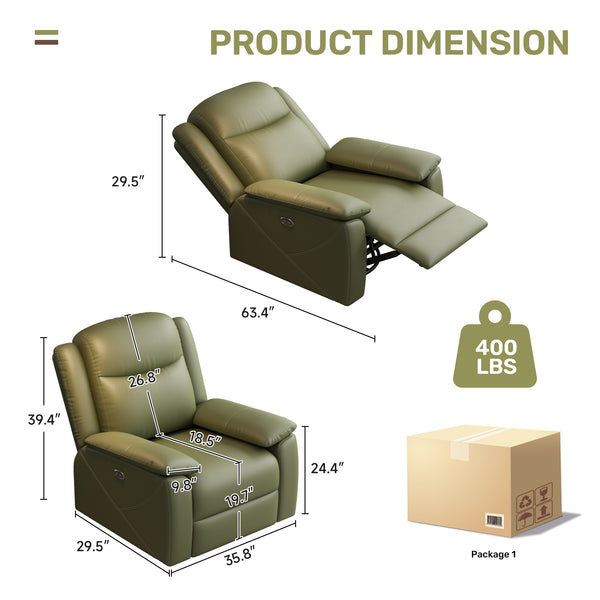 English Elm Rocker Power Recliner with USB Charging Port and 360° Swivel, Ergonomic Overstuffed Comfort Green W3795P357745