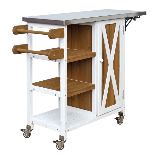 English Elm Foldable Outdoor Kitchen Cart with Stainless Worktop Fir Wood Frame and Lockable Wheels Brown+White N719P380281Z