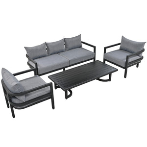 English Elm U_style 5 Seat Steel Patio Sofa Set Eucalyptus Wood Table Weatherproof Outdoor Seating Gray WY000470AAE