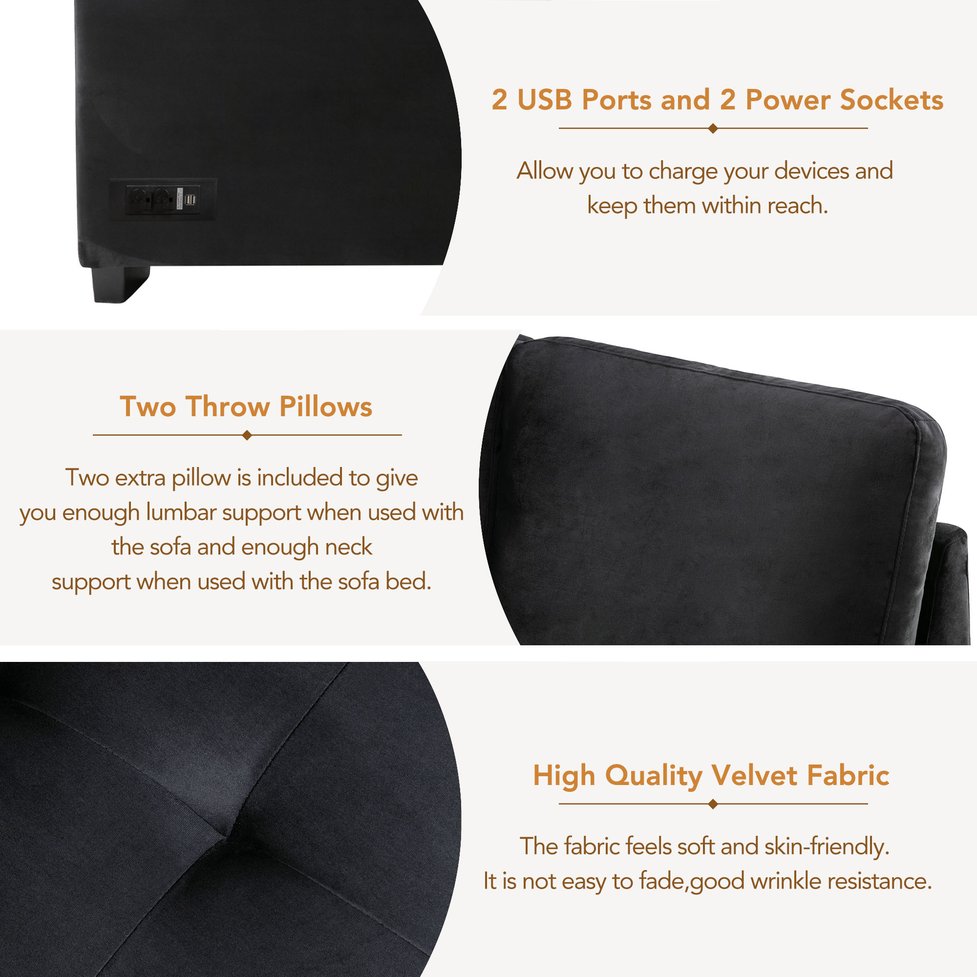 English Elm Sleeper Velvet Sectional Sofa with Ottoman Storage, USB Charging & Hidden Arm Compartments, Luxe Comfort Black SG000250AAB