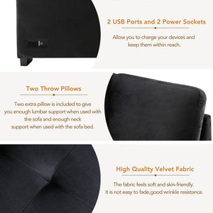 English Elm Sleeper Velvet Sectional Sofa with Ottoman Storage, USB Charging & Hidden Arm Compartments, Luxe Comfort Black SG000250AAB