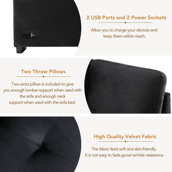 English Elm Sleeper Velvet Sectional Sofa with Ottoman Storage, USB Charging & Hidden Arm Compartments, Luxe Comfort Black SG000250AAB