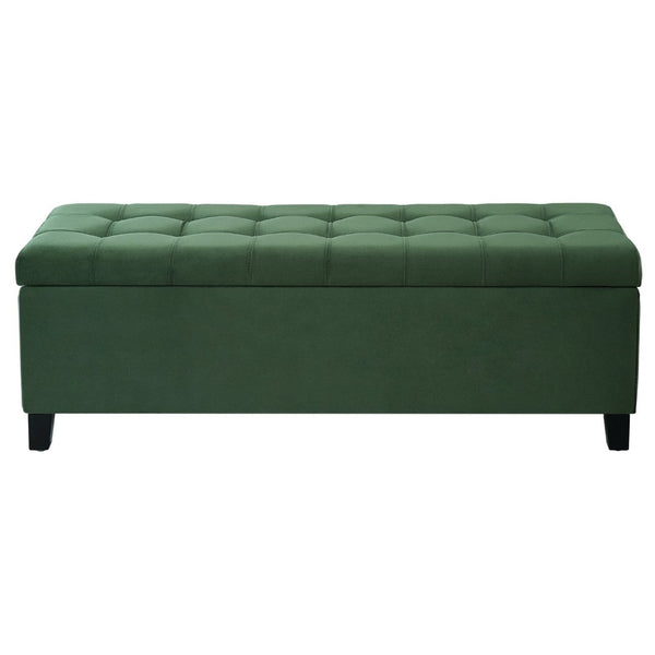English Elm Upholstered Boucle Storage Bench Flip Top Lid Rubberwood Legs Bedroom Entryway Seating Retro Green N779P395018G