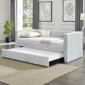 English Elm Twin Upholstered Daybed Sofa with Pull-Out Trundle, Plaid Corduroy Modern Style, Easy Assemble LIGHT GREY W487S00324