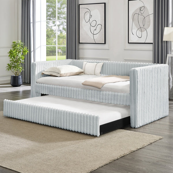 English Elm Twin Upholstered Daybed Sofa with Pull-Out Trundle, Plaid Corduroy Modern Style, Easy Assemble LIGHT GREY W487S00324